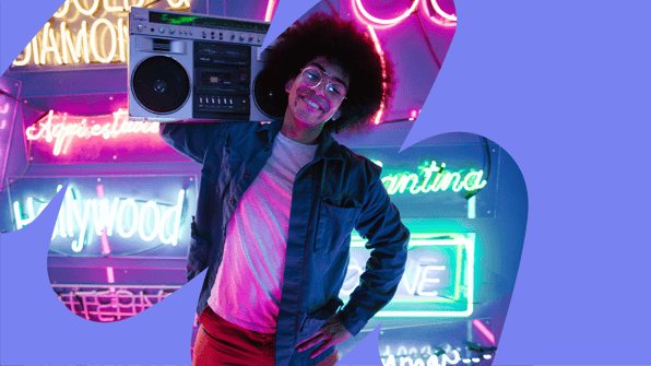 gen z with neon signs and stereo